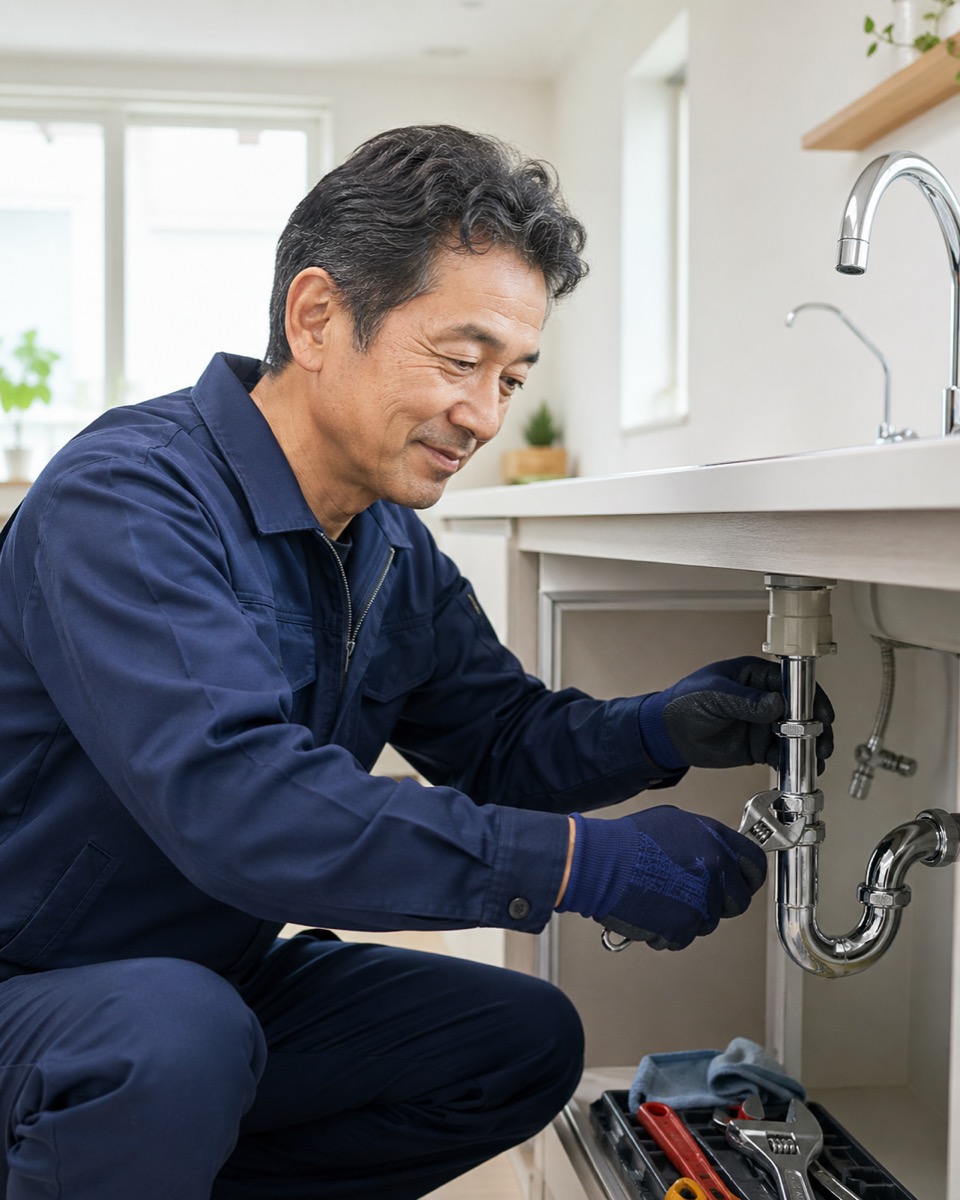 西埼玉水道修理センターの職人が現場で蛇口を修理している様子